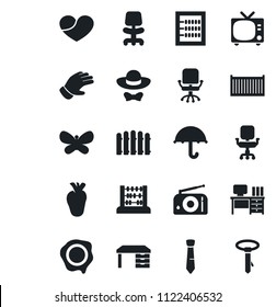 Set of vector isolated black icon - tv vector, office chair, abacus, desk, stamp, fence, glove, butterfly, real heart, cargo container, umbrella, radio, tie, dress code