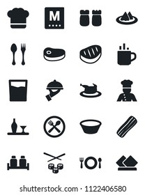Set of vector isolated black icon - hot cup vector, spoon and fork, cook, alcohol, serviette, cafe, hat, menu, drink, bacon, waiter, salt pepper, chicken, steak, bowl, sushi