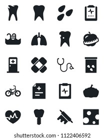 Set of vector isolated black icon - medical room vector, pumpkin, seeds, heart pulse, diagnosis, stethoscope, patch, bike, lungs, tooth, caries, implant, clipboard, diet, pool, rolling pin, cheese