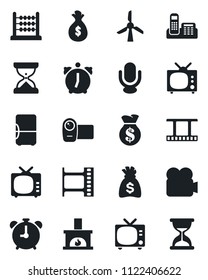 Set of vector isolated black icon - alarm clock vector, tv, money bag, film frame, video camera, microphone, abacus, office phone, fireplace, fridge, windmill, sand