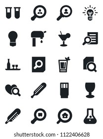 Set of vector isolated black icon - document search vector, bulb, blood test vial, thermometer, heart diagnostic, fragile, cargo, water supply, estate, client, alcohol, drink, cocktail, phyto bar