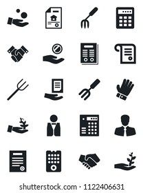 Set of vector isolated black icon - document vector, garden fork, farm, glove, client, handshake, contract, estate, waiter, remote control, combination lock, palm sproute, investment