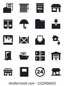 Set of vector isolated black icon - 24 around vector, shop, checkroom, book, store, container, umbrella, package, mail, scanner, folder, copybook, document, mailbox, home control, jalousie, door