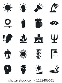 Set of vector isolated black icon - sun vector, brainstorm, fire, eye, traffic light, torch, brightness, desk lamp, fireplace, beer, candle, smoke detector, bulb, energy saving, outdoor