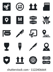 Set of vector isolated black icon - no laptop vector, vip, stamp, plant label, heart shield, navigation, pin, fragile, up side sign, sd, cut, place tag, pen, sale, menu, open close