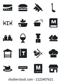 Set of vector isolated black icon - cafe vector, cook, hat, wine card, menu, reserved, salad, egg stand, salt and pepper, alcove, credit, chicken, hamburger, ladle, rolling pin, steaming pan, sushi