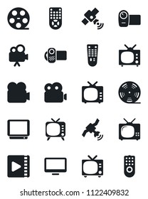Set of vector isolated black icon - tv vector, reel, satellite, video camera, remote control, monitor
