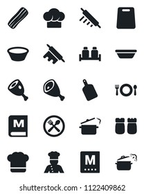 Set of vector isolated black icon - cook vector, cafe, hat, menu, bacon, salt and pepper, ham, bowl, rolling pin, cutting board, steaming pan