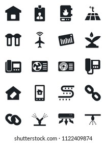 Set of vector isolated black icon - plane radar vector, identity card, drip irrigation, barcode, chain, air conditioner, smart home, water heater, intercome, control app, filter, warm floor