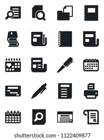 Set of vector isolated black icon - document search vector, pen, calendar, printer, medical, folder, news, copybook, book, schedule, contract