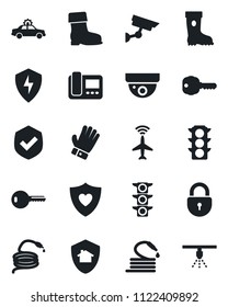 Set of vector isolated black icon - plane radar vector, alarm car, lock, glove, boot, hose, heart shield, traffic light, protect, key, intercome, home, surveillance, sprinkler
