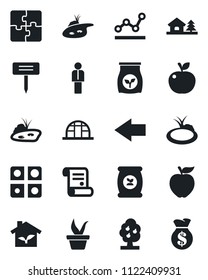 Set of vector isolated black icon - left arrow vector, manager, contract, seedling, plant label, greenhouse, pond, fertilizer, application, point graph, house with tree, fruit, apple, eco, money bag