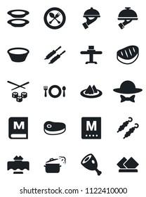 Set of vector isolated black icon - spoon and fork vector, restaurant table, serviette, cafe, menu, plates, waiter, dress code, steak, kebab, ham, bowl, steaming pan, sushi