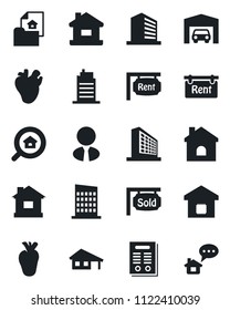 Set of vector isolated black icon - office building vector, house, real heart, contract, with garage, estate document, rent, sold signboard, search, agent, smart home, city, message