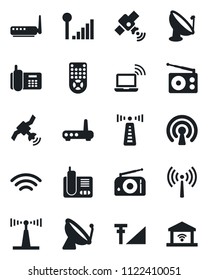 Set of vector isolated black icon - antenna vector, satellite, wireless notebook, office phone, radio, remote control, cellular signal, router, garage gate