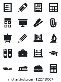 Set of vector isolated black icon - airport bus vector, book, calculator, graduate, abacus, presentation board, microscope, case, paper clip, pencil, stapler