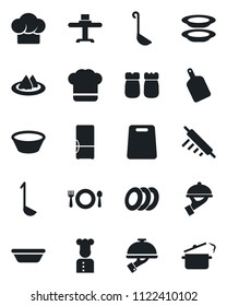 Set of vector isolated black icon - fridge vector, cook, restaurant table, serviette, cafe, hat, plates, waiter, salt and pepper, ladle, bowl, rolling pin, cutting board, steaming pan