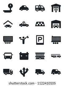 Set of vector isolated black icon - dispatcher vector, taxi, airport bus, parking, alarm car, ambulance, route, railroad, truck trailer, delivery, heavy scales, garage, gate control, battery