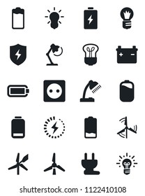 Set of vector isolated black icon - bulb vector, battery, low, protect, charge, desk lamp, windmill, socket, power plug, idea