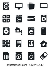 Set of vector isolated black icon - washer vector, calculator, monitor, speaker, phone back, sim, smart home, credit card, control, chip, remote, usb flash