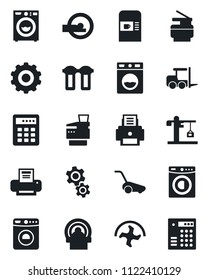 Set of vector isolated black icon - coffee machine vector, washer, fork loader, gear, ripper, lawn mower, tomography, printer, copier, crane, water filter, combination lock