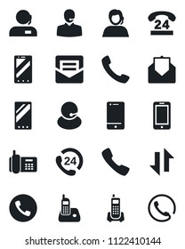 Set of vector isolated black icon - phone vector, mobile, office, 24 hours, support, cell, radio, mail, call, data exchange