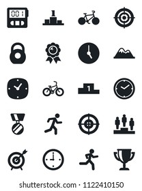 Set of vector isolated black icon - pedestal vector, medal, bike, run, heavy, clock, stopwatch, target, mountains, award cup