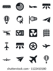 Set of vector isolated black icon - plane vector, radar, wind, helicopter, seat map, globe, air conditioner, fan, paper, balloon