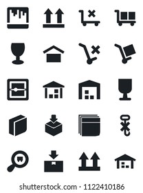 Set of vector isolated black icon - fragile vector, cargo, warehouse storage, up side sign, no trolley, hook, package, search, scanner, blank box