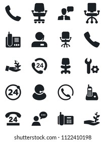 Set of vector isolated black icon - 24 around vector, office chair, phone, hours, support, speaker, radio, call, root setup, palm sproute