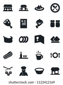 Set of vector isolated black icon - spoon and fork vector, coffee, cook, alcohol, serviette, cafe, wine card, plates, bacon, waiter, salt pepper, building, restaurant receipt, chicken, ham, bowl