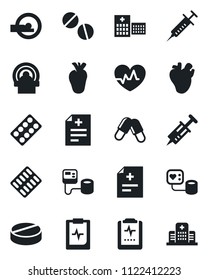 Set of vector isolated black icon - heart pulse vector, diagnosis, syringe, blood pressure, pills, blister, tomography, real, clipboard, hospital