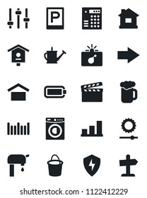 Set of vector isolated black icon - parking vector, bomb in case, right arrow, watering can, bucket, house, bird, warehouse storage, barcode, clapboard, protect, tuning, brightness, battery, washer