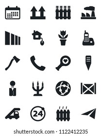 Set of vector isolated black icon - 24 around vector, ladder car, factory, flower in pot, axe, plant label, heart diagnostic, container, up side sign, sorting, radio phone, call, network, heater