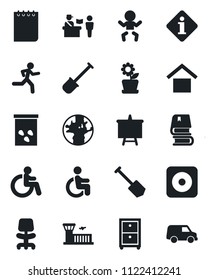 Set of vector isolated black icon - passport control vector, baby, disabled, airport building, office chair, notepad, presentation board, job, shovel, seeds, run, earth, warehouse storage, book, car