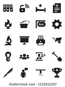 Set of vector isolated black icon - speaking man vector, presentation board, bulb, job, wheelbarrow, fire, diagnosis, microscope, hospital bed, settings, hr, paper binder, printer, pen, rent, group