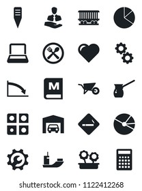 Set of vector isolated black icon - smoking place vector, wheelbarrow, plant label, heart, railroad, client, sea shipping, application, root setup, pie graph, notebook pc, garage, flower in pot
