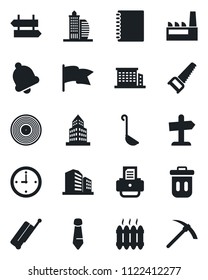 Set of vector isolated black icon - suitcase vector, signpost, tie, printer, saw, vinyl, bell, copybook, clock, office building, heater, factory, ladle, trash bin, flag, guidepost, hard work