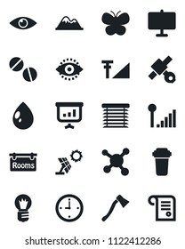 Set of vector isolated black icon - bulb vector, butterfly, water drop, axe, pills, eye, molecule, satellite, id, cellular signal, clock, presentation board, mountains, rooms, filter, jalousie