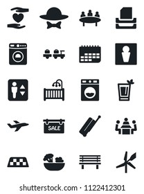 Set of vector isolated black icon - taxi vector, suitcase, elevator, male, washer, baggage larry, meeting, bench, heart hand, plane, term, paper tray, sale, children room, phyto bar, salad, windmill
