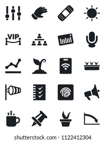 Set of vector isolated black icon - hot cup vector, wind, drawing pin, seedling, sproute, glove, sun, patch, barcode, loudspeaker, settings, microphone, fingerprint id, checklist, point graph