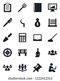 Set of vector isolated black icon - team vector, trowel, farm fork, hoe, sickle, bench, themes, clipboard, copybook, monitor statistics, drawing pin, calculator, abacus, target, notebook pc, pen