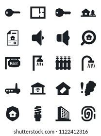Set of vector isolated black icon - office building vector, house with tree, plan, estate document, rent, search, key, bathroom, smart home, insurance, router, smoke detector, radiator, outdoor lamp