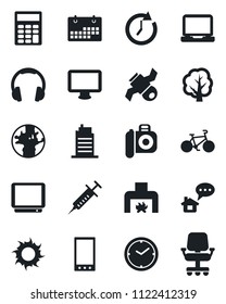 Set of vector isolated black icon - tree vector, sun, syringe, bike, earth, satellite, camera, tv, headphones, monitor, laptop pc, mobile, calendar, clock, calculator, fireplace, city house