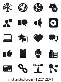 Set of vector isolated black icon - flame disk vector, antenna, speaker, microphone, network, cell phone, dialog, laptop pc, radio, chain, finger up, down, favorites list, heart, mail, rec button
