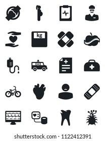 Set of vector isolated black icon - monitor pulse vector, doctor case, diagnosis, blood pressure, dropper, scales, patch, ambulance car, bike, heart hand, real, caries, joint, clipboard, diet, virus