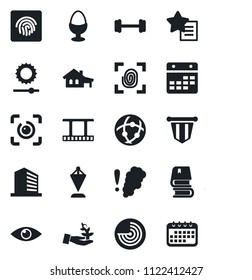 Set of vector isolated black icon - radar vector, office building, pennant, barbell, eye, film frame, favorites list, network, calendar, brightness, id, fingerprint, book, house with garage