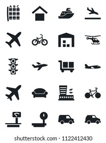 Set of vector isolated black icon - plane vector, arrival, waiting area, helicopter, seat map, airport building, bike, traffic light, sea shipping, cargo, warehouse storage, heavy scales, car
