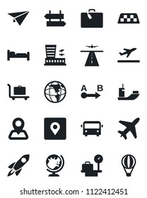 Set of vector isolated black icon - plane vector, runway, taxi, departure, suitcase, baggage trolley, airport bus, signpost, globe, bed, luggage scales, building, navigation, sea shipping, route