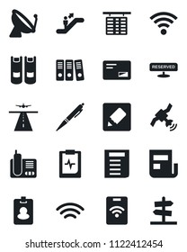 Set of vector isolated black icon - runway vector, satellite antenna, escalator, flight table, book, document, pulse clipboard, radio phone, mail, notes, wireless, news, paper binder, pen, reserved